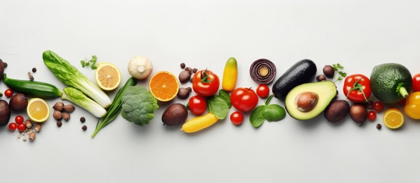 Fresh organic vegetables fruits and beans on a light gray background Top view Copy space image Place for adding text or design
