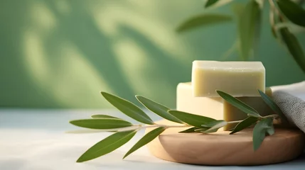 Fototapeten Spa concept background. Close up organic green fresh herbs with soap on a table. © Premium_art