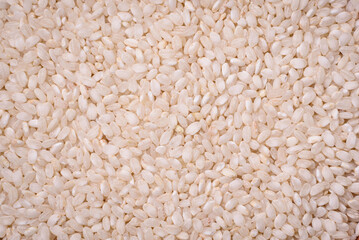 White uncooked rice in a round ceramic bowl on a dark concrete background