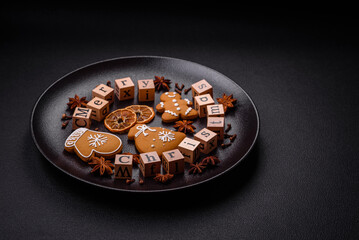 Beautiful Christmas composition with copy space with an inscription in wooden cubes