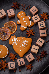 Beautiful Christmas composition with copy space with an inscription in wooden cubes