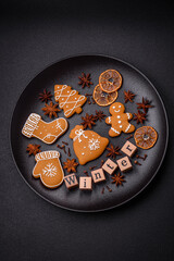 Beautiful Christmas composition with copy space with an inscription in wooden cubes