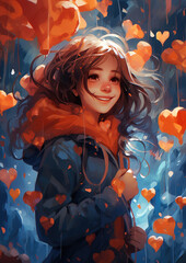 young beautiful smiling woman under the rain of hearts, love, valentine's day, symbol, girl, romance, beauty, illustration, date, lady, portrait, facial expression, raincoat, coat, outfit, happiness