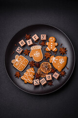 Beautiful Christmas composition with copy space with an inscription in wooden cubes