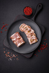 Delicious meatloaf with lard, salt, spices and herbs cut into slices