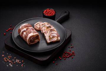 Delicious meatloaf with lard, salt, spices and herbs cut into slices