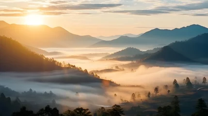 Fotobehang beautiful landscape of mountain layer in the morning sunrise. © Sagar