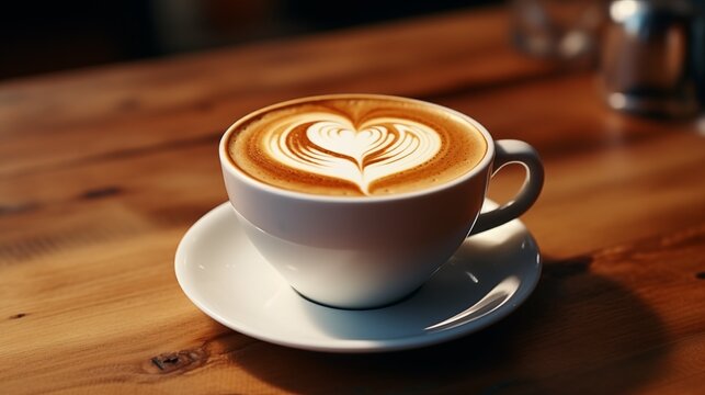Close up white coffee cup with heart shape latte art on wood tab