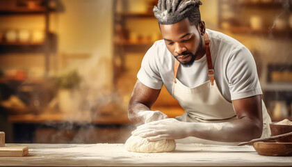 Male baker baking bread , black history month - Powered by Adobe