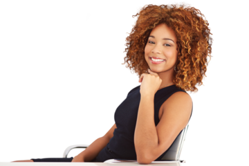 Business, smile or portrait of black woman at desk isolated on transparent png background on chair. Businesswoman, office manager or professional person with happy face, pride and confident in career
