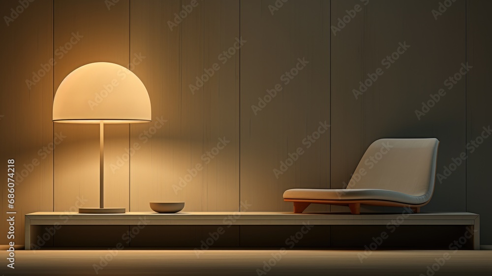 Poster a chair and a table with a lamp on it.
