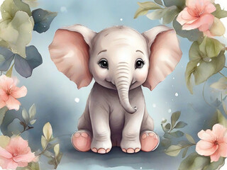 A drawing with a cute baby elephant in watercolor style.