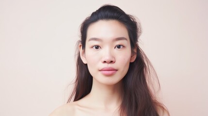 A closeup reveals the natural beauty of an Asian woman, imperfections and all.
