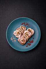 Delicious meatloaf with lard, salt, spices and herbs cut into slices
