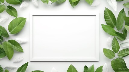 creative layout, green leaves with white square frame, flat lay, for advertising card or invitation