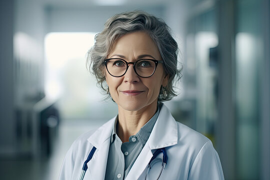 Mature female doctor with glasses portrait smiling at the hospital