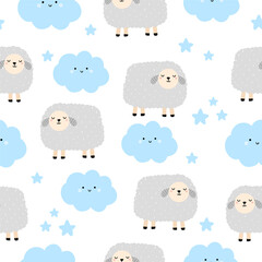 Seamless pattern with cute lamb, cloud and star for your fabric, children textile, apparel, nursery decoration, gift wrap paper, baby's shirt. Vector illustration