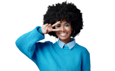 Isolated African woman, peace sign eye and makeup with afro, style and fashion transparent png background. Girl, happy and retro clothes with emoji, icon or v symbol for success, choice or feedback