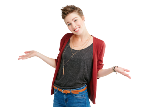 Isolated woman, open hand and portrait for choice, options and review with smile by transparent png background. Girl, fashion and happy with palm for decision, doubt and questions in trendy clothes