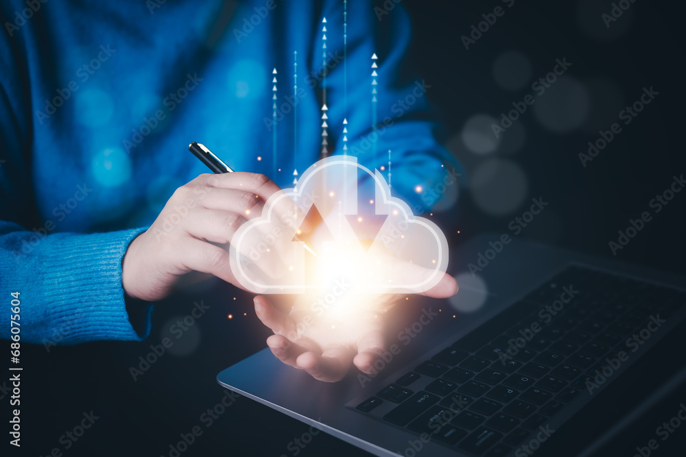 Poster business people using laptop with cloud computing system , storage and data transfer cloud network, 