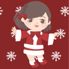  a cute girl wearing the costume of santa with snowflakes on her head, in the style of pop kei, maroon, traditional poses, dark orange and light maroon, oshare kei, simple, dark white and red