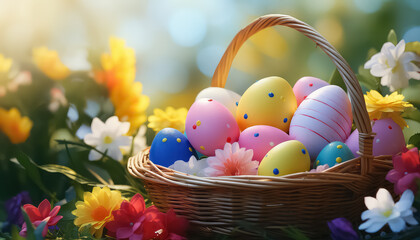 Painted eggs in a wicker basket on a background of flowers, easter concept