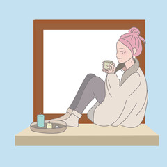 an illustration of a woman sitting on the window sill, reading, in the style of light pink and light azure, pure color, hallyu, light maroon and light azure, ceramic, warmcore, mirror 
