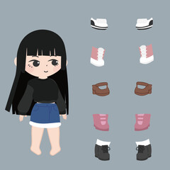 a teen girl doll with various and shoes, in the style of anime-inspired character designs, minimalistic style, cut and paste, light black and pink, interactive pieces, dark azure, dark brown and white