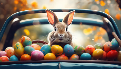 A hare in a car goes on an adventure with eggs, easter concept - obrazy, fototapety, plakaty