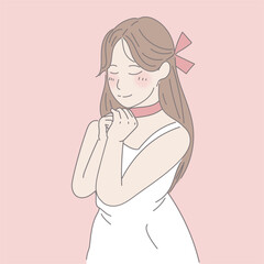 a young woman wearing a white dress and holding her hands on her chest, in the style of kawaii art, light pink and red, animated gifs, simple, colorful illustrations, romantic charm, subtle emotions, 