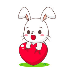 Cute rabbit cartoon holding love heart. Adorable bunny character. Kawaii animal concept design. isolated white background. Mascot logo icon vector illustration