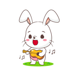 Cute rabbit cartoon playing guitar. Adorable bunny character. Kawaii animal concept design. isolated white background. Mascot logo icon vector illustration