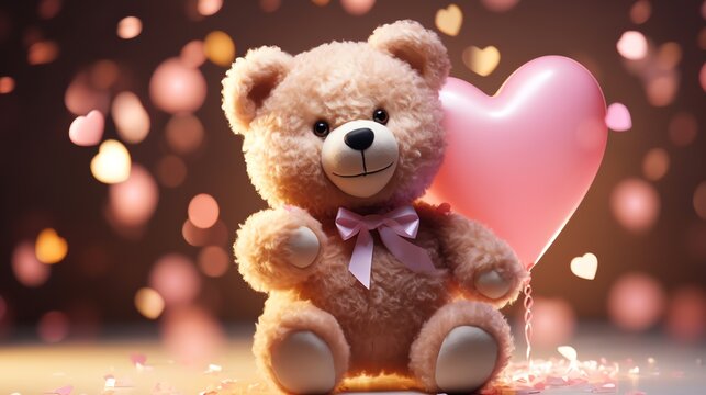 Hyper realistic super cute teddy bear holding big shiny heart. Happy Valentine's day greeting card. AI generated image