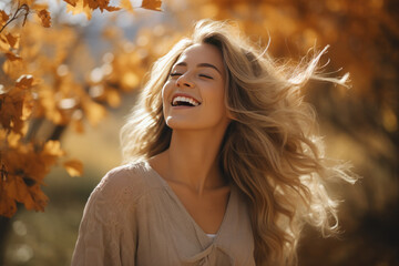 A blonde woman breathes calmly looking up enjoying autumn air
