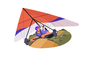 Happy people hang gliding. Man with dog flying on hangglider in air, guy paragliding on deltaplan. Flight in the sky on delta wing. Extreme sport with pet. Flat isolated vector illustration on white