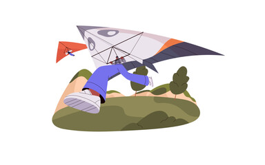 Hanggliders flying on deltaplan, gliders paragliding in air. Flight on delta wing, airplane in sky. Hang gliding sport. Summer extreme activities, travel. Flat isolated vector illustration on white - obrazy, fototapety, plakaty