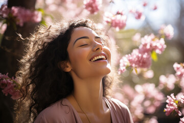 Naklejka premium A latin woman breathes calmly looking up enjoying spring air