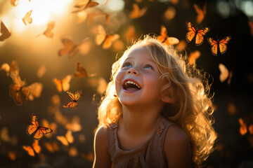 Happy blonde little girl excited looking up in the butterflies