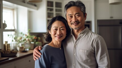 At home, an Asian couple in their middle age shares a loving moment, wrapped in each other's arms.