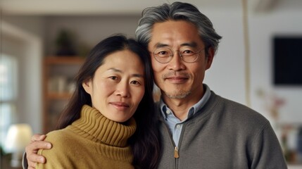 A cozy scene unfolds as a middle-aged Asian couple shares an affectionate embrace in their living space.