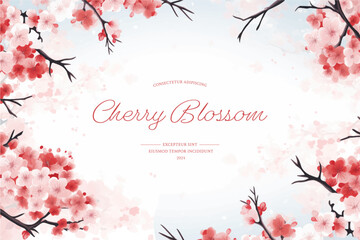 Greeting card template of сherry blossom flowers and branches in vector watercolor style. 