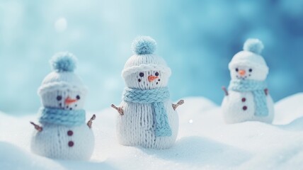 Little knitted snowmans on soft snow on blue background, copy space and generative ai