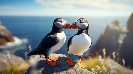 Two super cute puffins bird couple in love. AI generated image