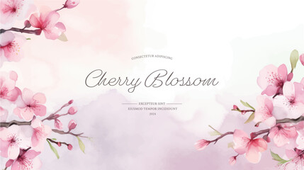 Greeting card template of сherry blossom flowers and branches in vector watercolor style.  - obrazy, fototapety, plakaty