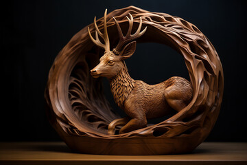 Deer sculpture carved out of wood. Mahogany wood. - obrazy, fototapety, plakaty