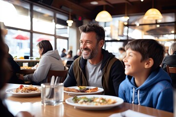 A joyful family, including father and son, sharing a meal together at a pizza cafe, radiating happiness, love, and togetherness.