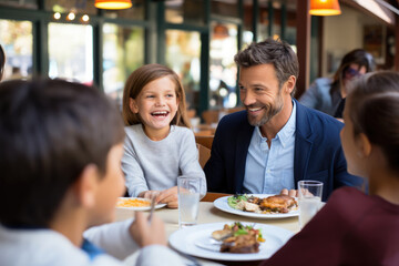 A joyful family, a father and daughters, shares a meal, bonding and smiling together on a terrace.