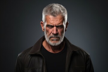 Fototapeta premium A mature and confident Caucasian man with a beard, gray hair, and a serious expression in a studio portrait.