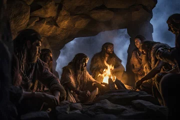 Foto op Canvas In the dark cave, ancient man sits by the campfire, uniting the family for warmth, fun, and connection. © Andrii Zastrozhnov