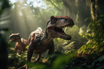 Allosaurus dinosaur in jurassic forest, fearsome and realistic.